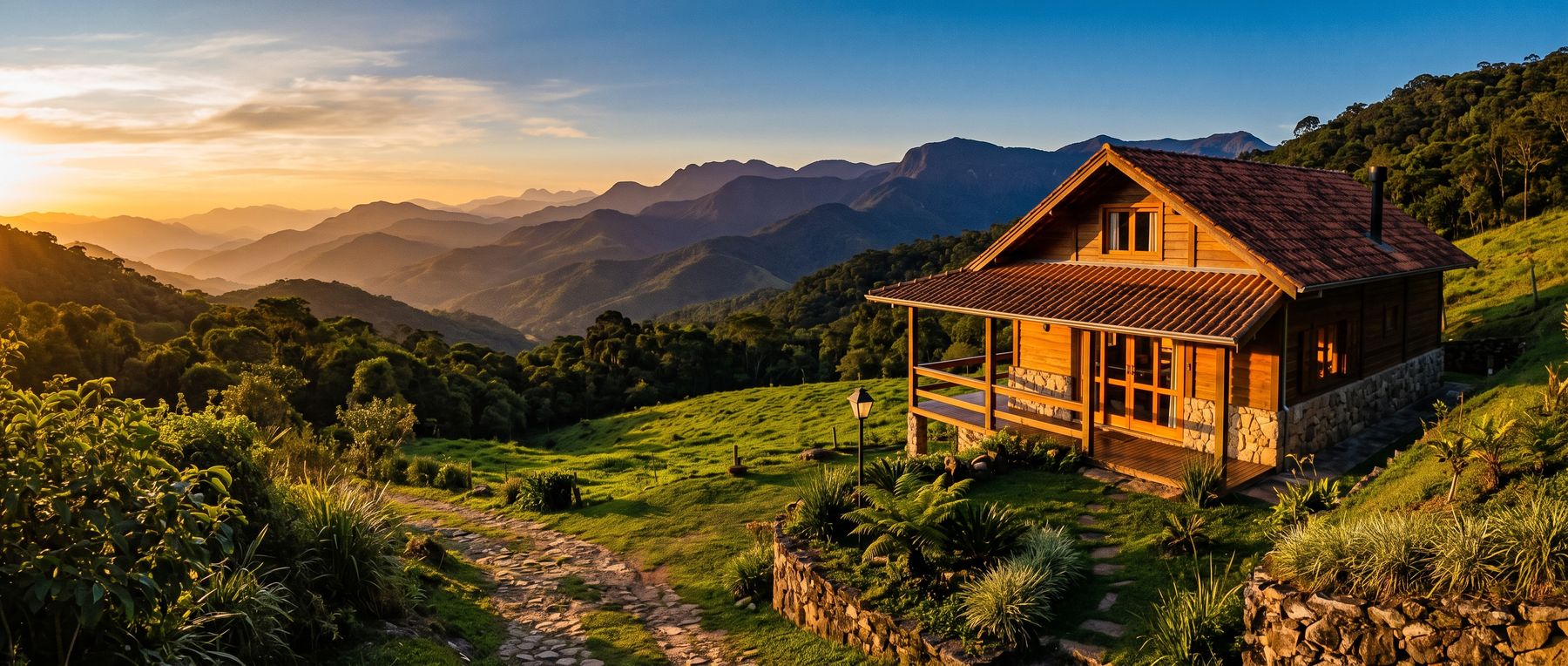 Casa de campo ao pôr do sol